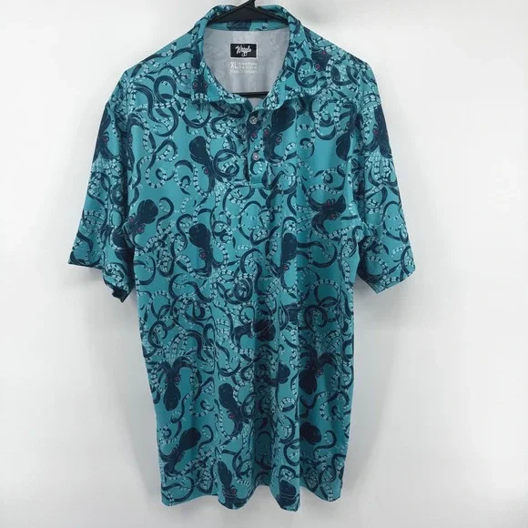 Waggle Golf Polo Mens XL Teal Octopus Print Performance Short Sleeve Shirt - Picture 2 of 6